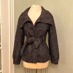 Women’s Black & White Tweed Belted Jacket with Cowl Collar | Size 4